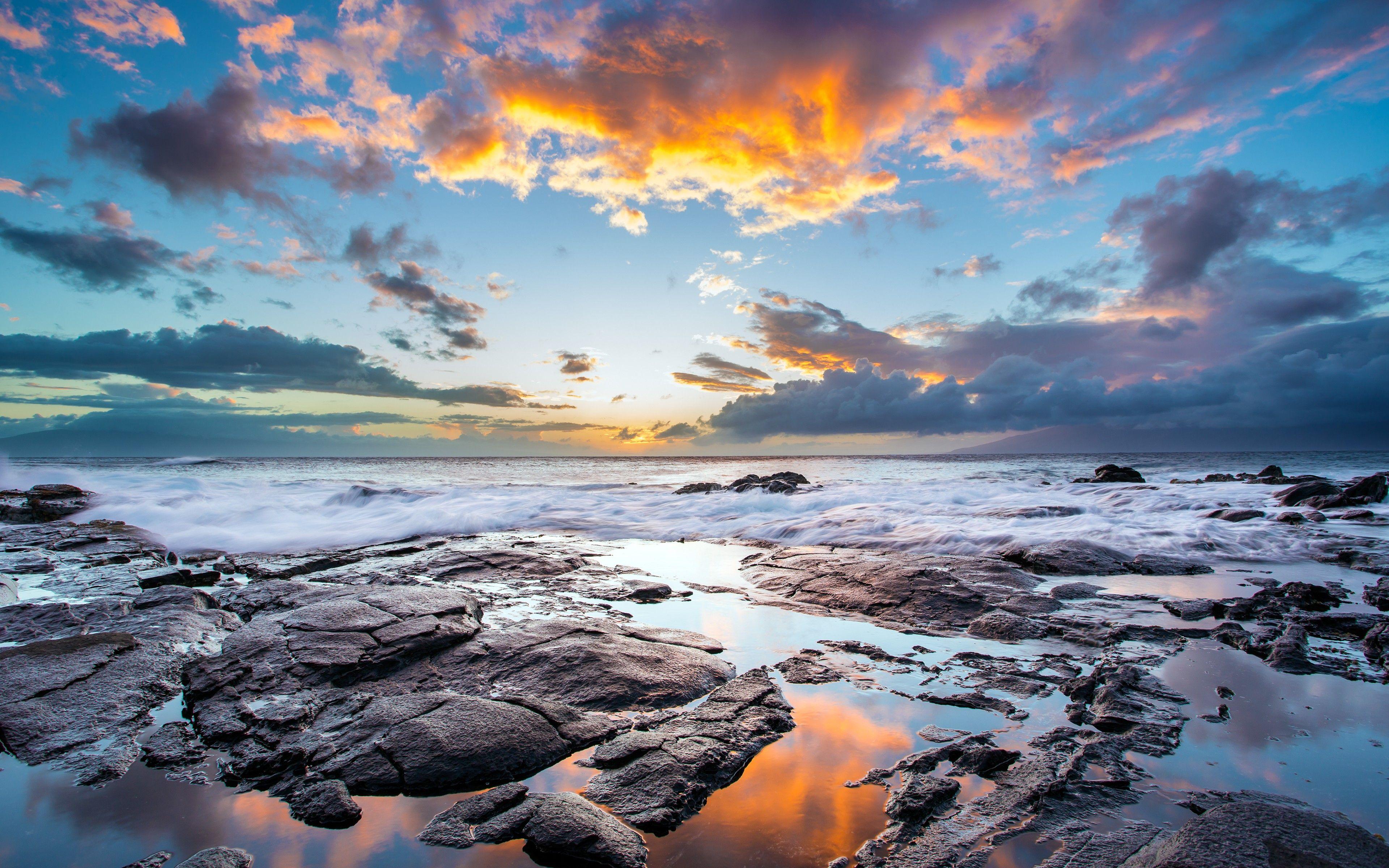 3840x2400 sunset, Clouds, Landscapes, Nature, Coast, Waves, Rocks