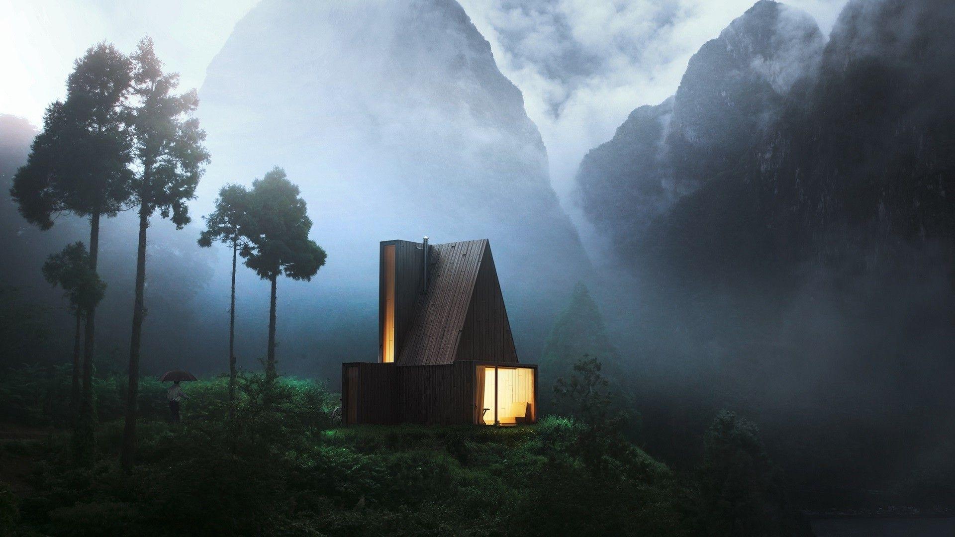 1920x1080 nature, House, Trees, Mountain, Mist Wallpaper HD / Desktop