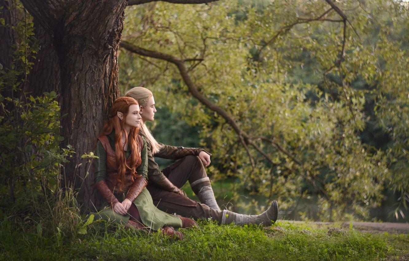 1332x850 Wallpaper grass, tree, fantasy, elves, pair, cosplay