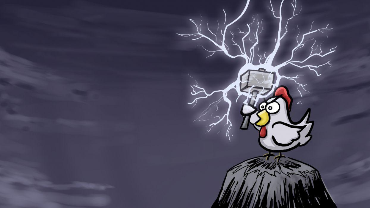 1244x700 Cartoons hills hammer chickens lightning thor wallpaper