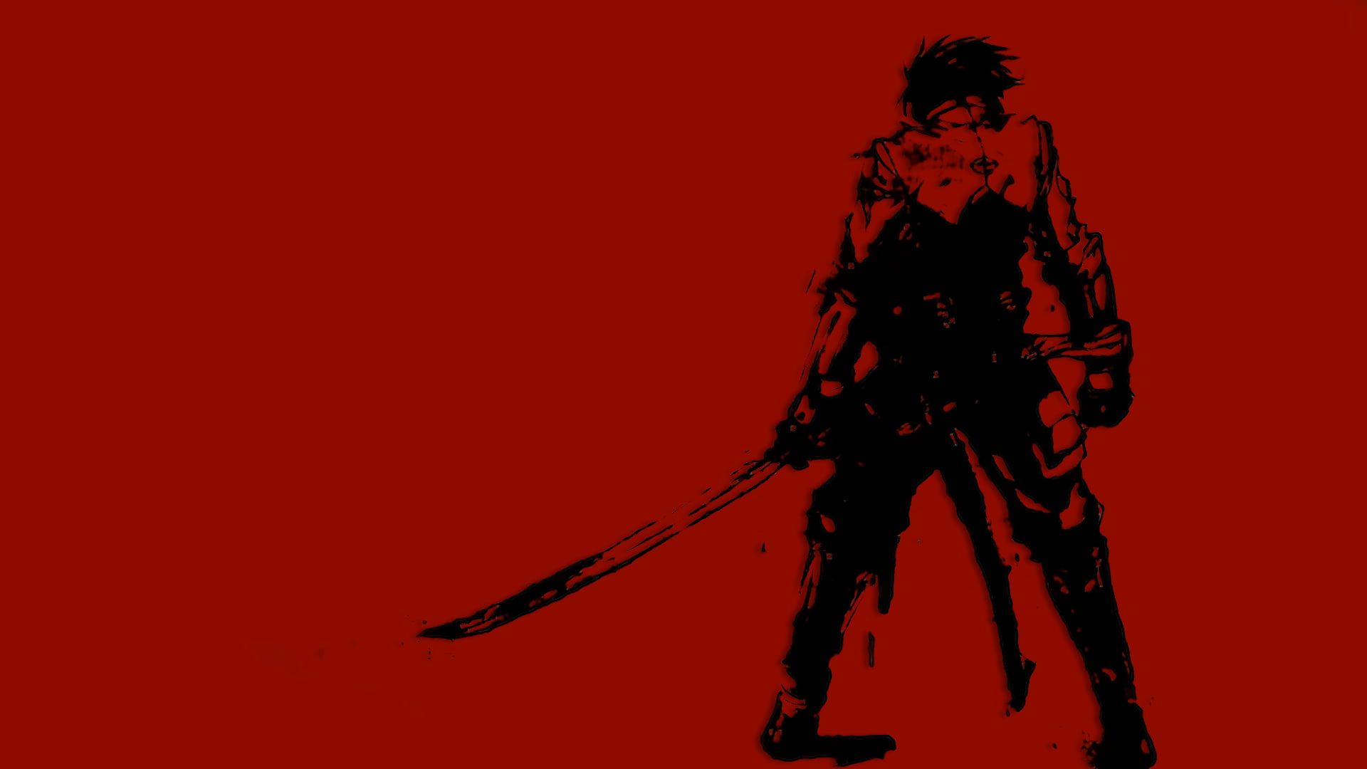 1920x1080 Silhouette of man with katana on red background HD wallpaper