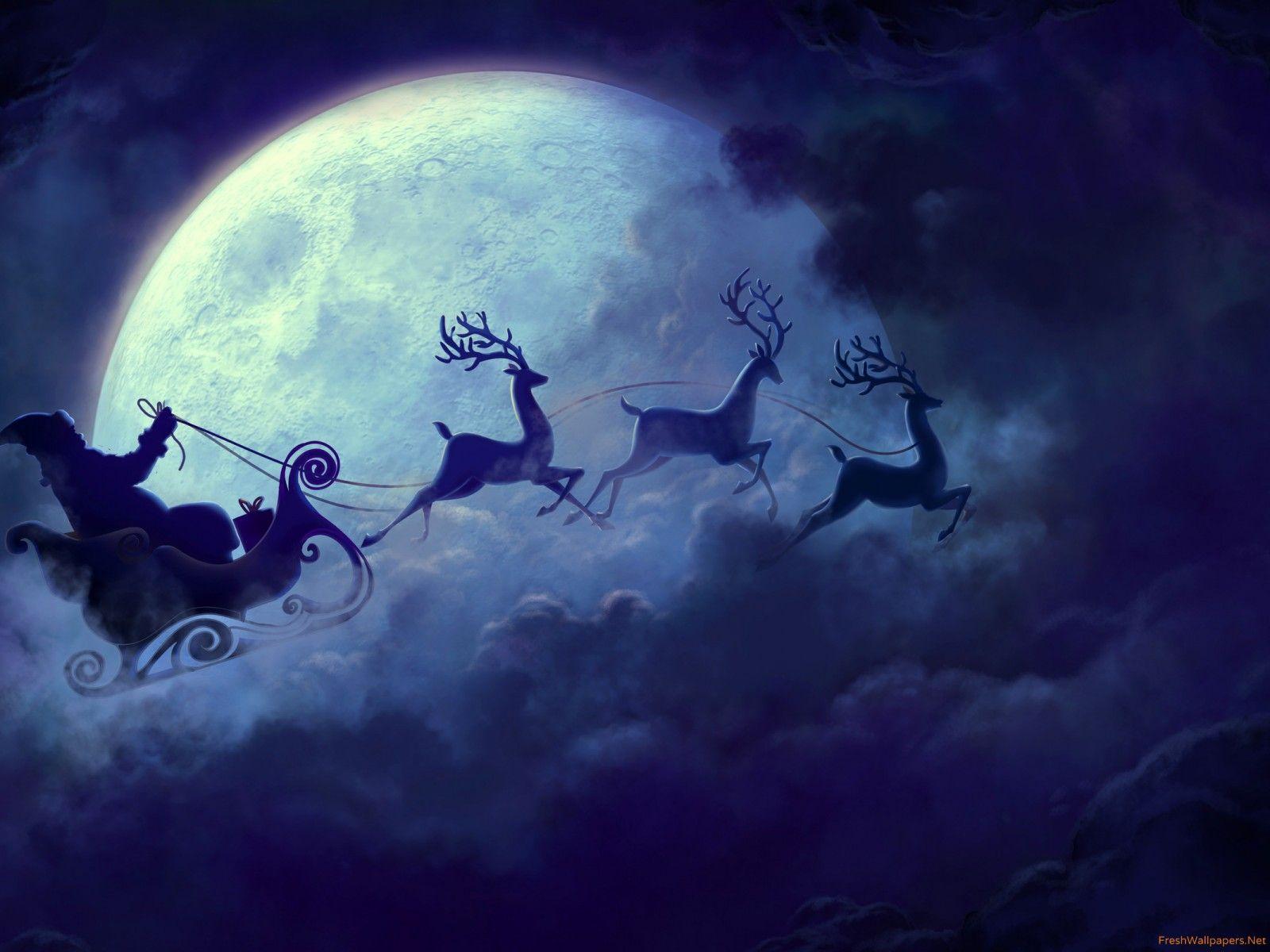 1600x1200 Santa Claus Fly by the Moon wallpaper