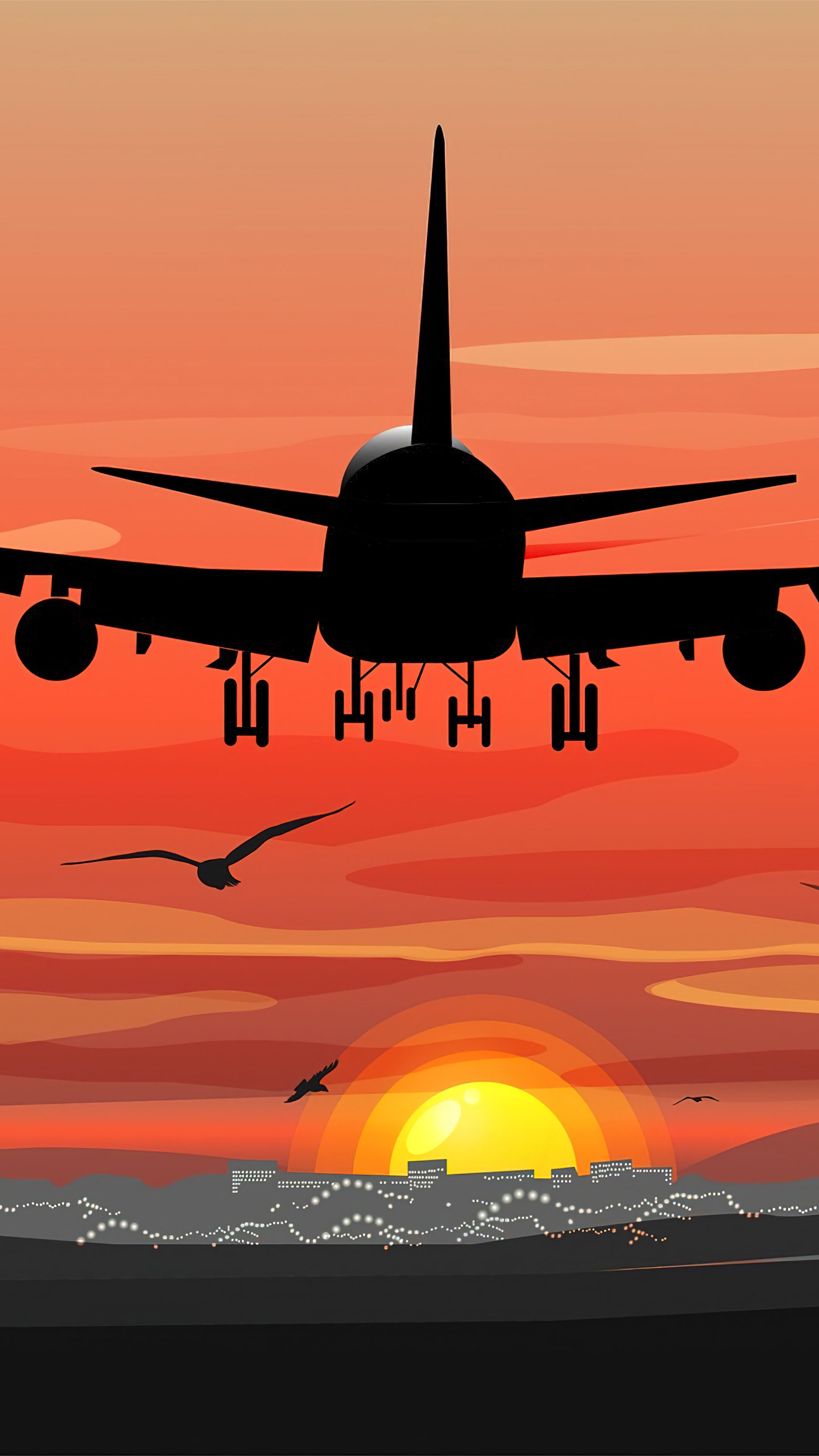 2160x3840 Sunset Airplane Landing Digital Art 4K