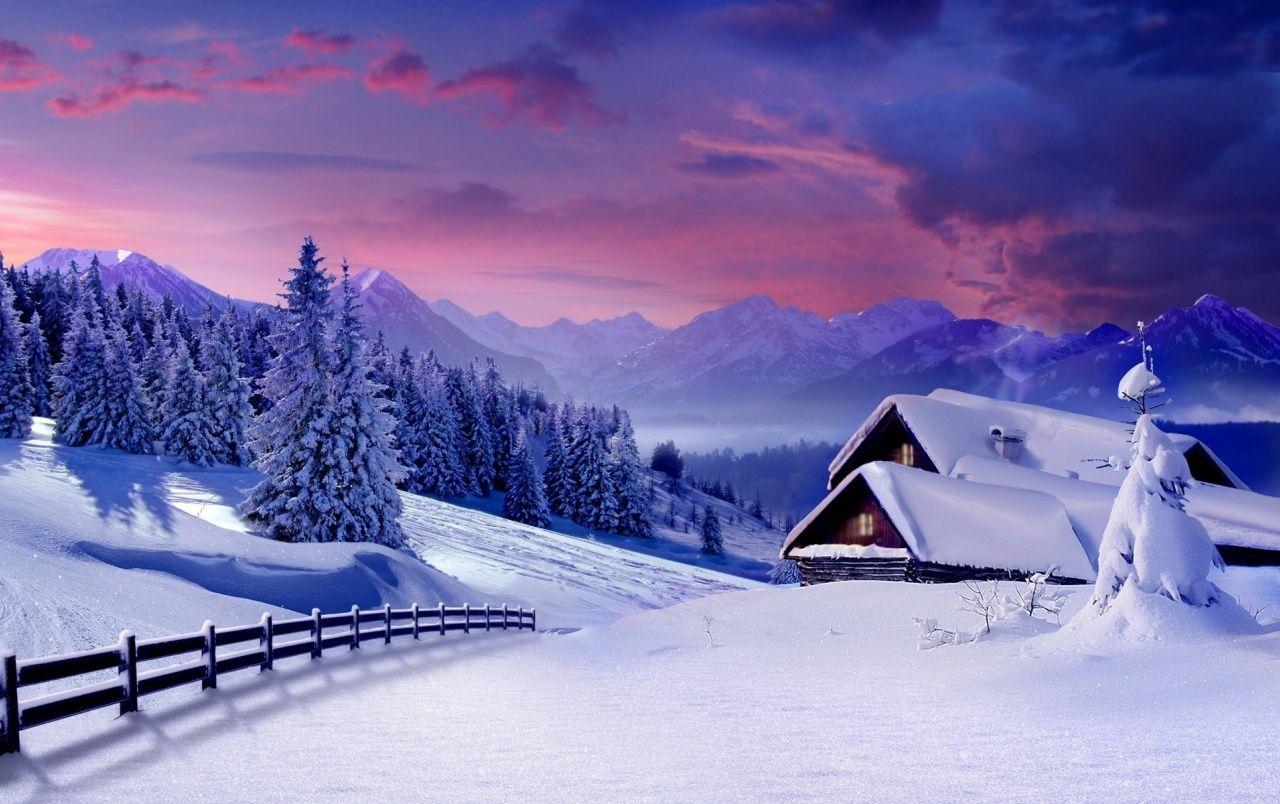 1280x804 Pink Sky Winter Scenic Houses wallpaper. Pink Sky Winter