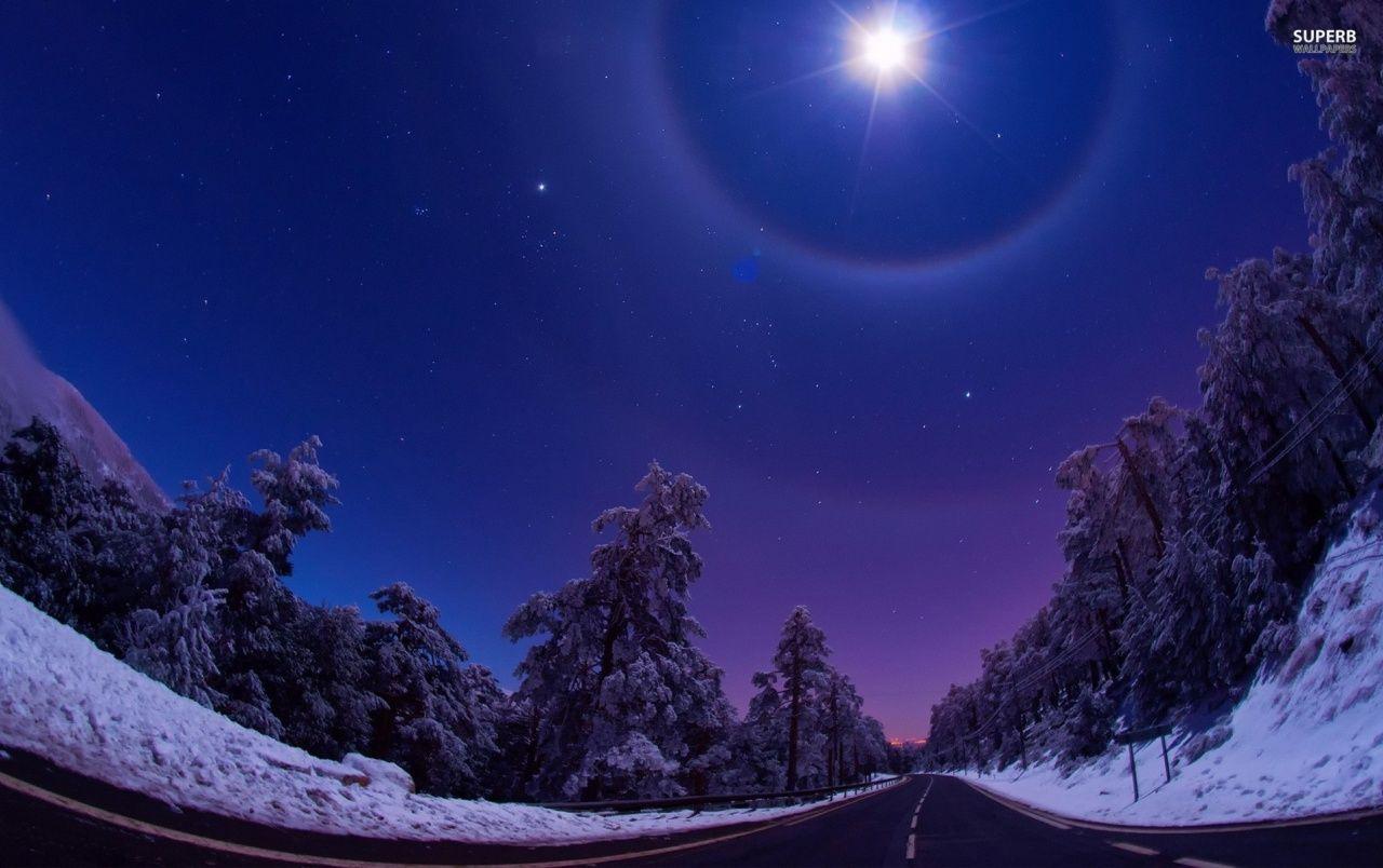 1280x804 Night Star Road Trees Winter wallpaper. Night Star Road