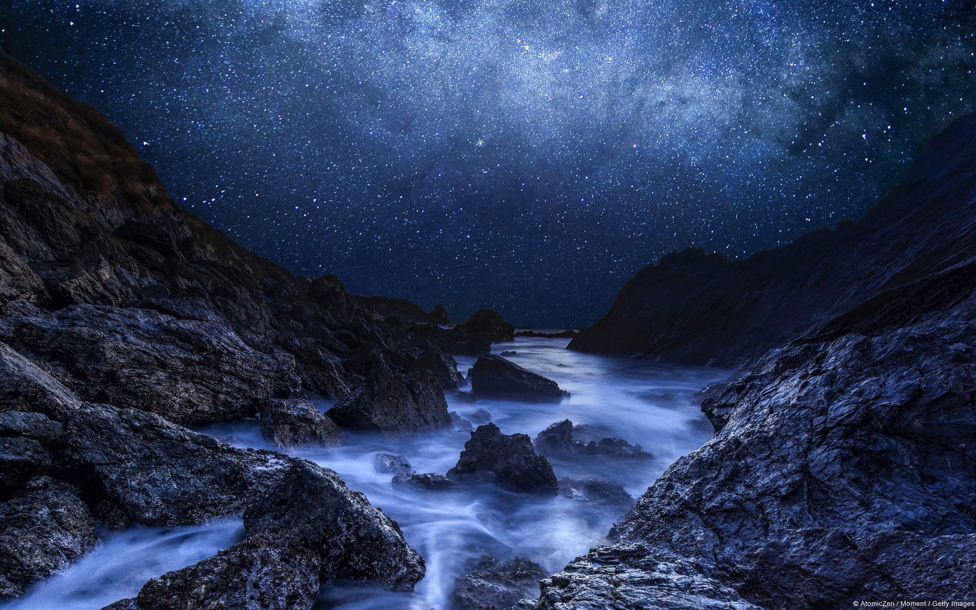 1920x1200 Starry Winter Night over Mountain River HD Wallpaper