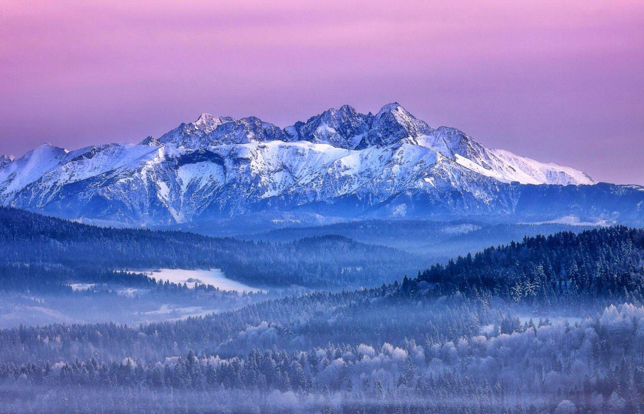 2100x1350 Nature Landscape Mountain Winter Pink Sky Forest Mist