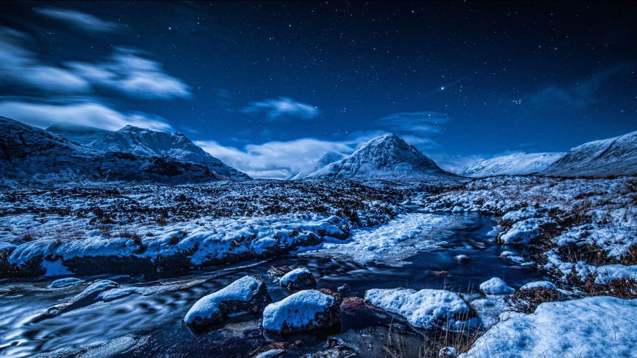 1244x700 Night sky stars mountains stream snow winter wallpaperx1080