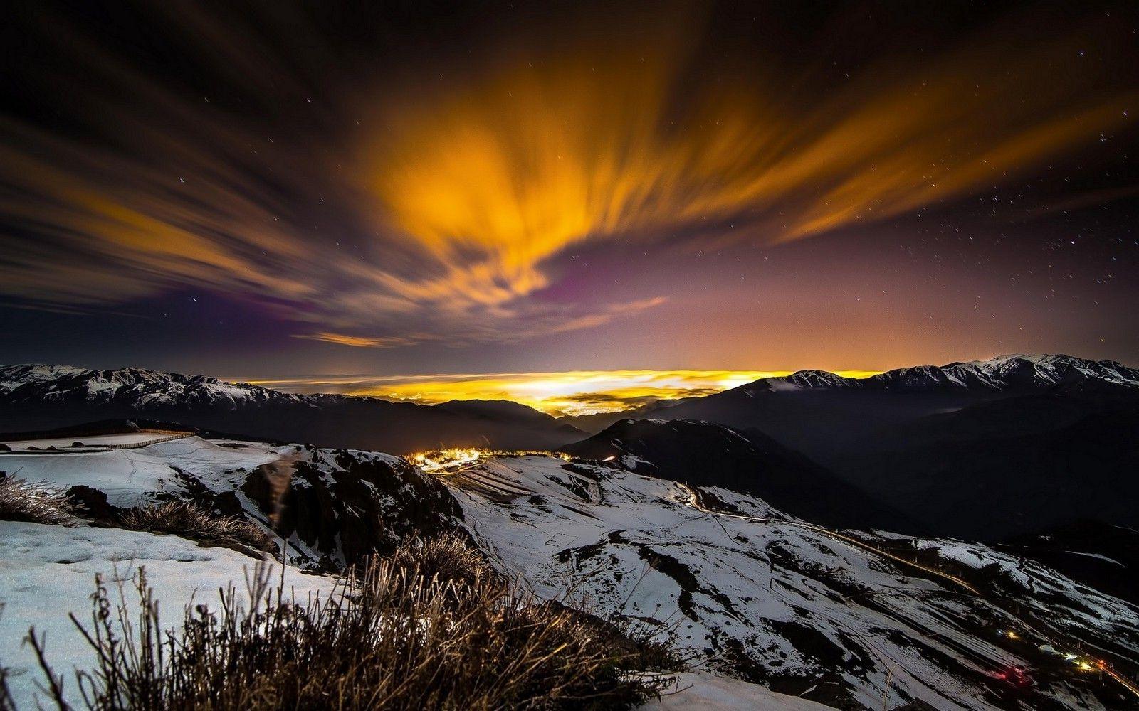 1600x1000 nature, Landscape, Mountain, Winter, Stars, Night, City