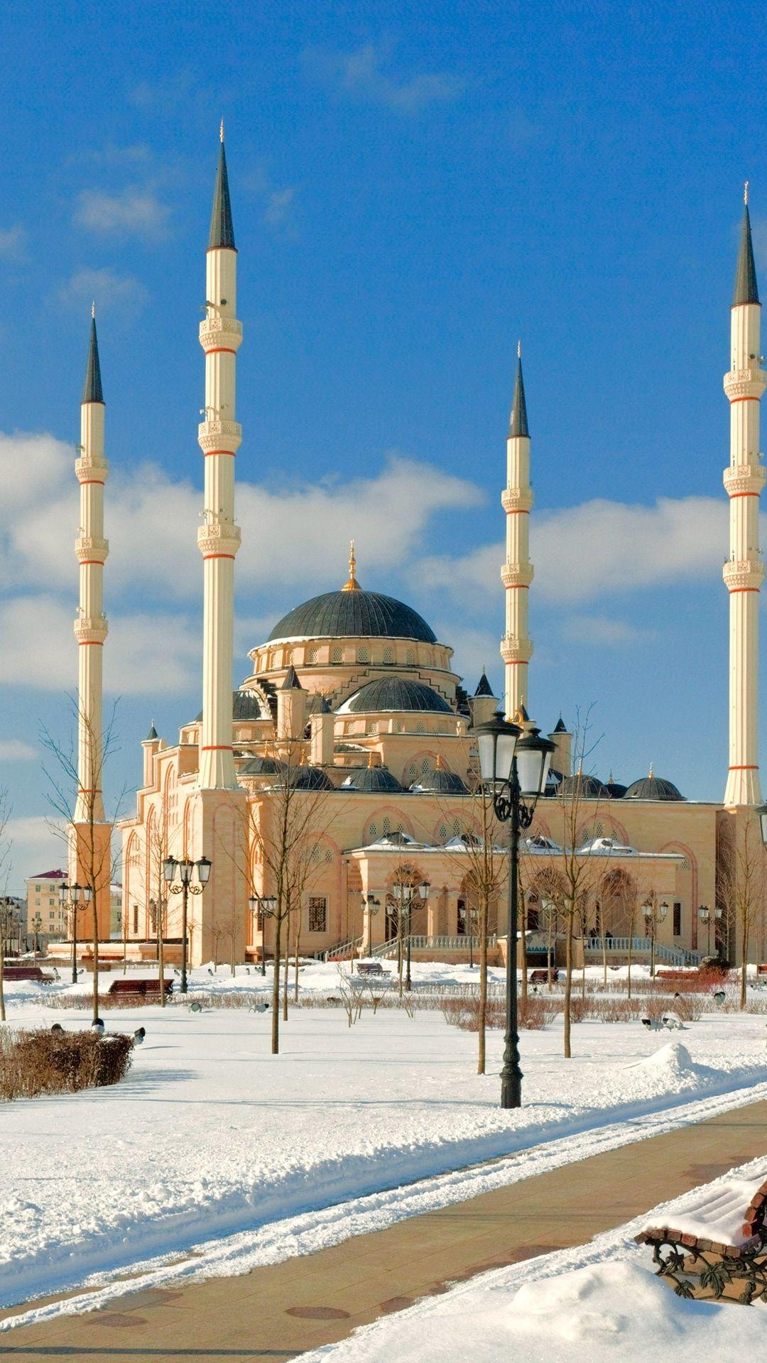 1080x1920 Download wallpaper 1080x1920 chechnya, mosque, snow, minaret