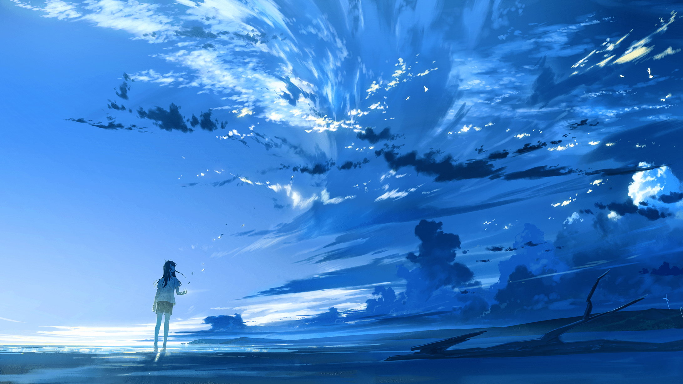 2183x1228 #anime, #clouds, #blue, #sky, #anime girls wallpaper