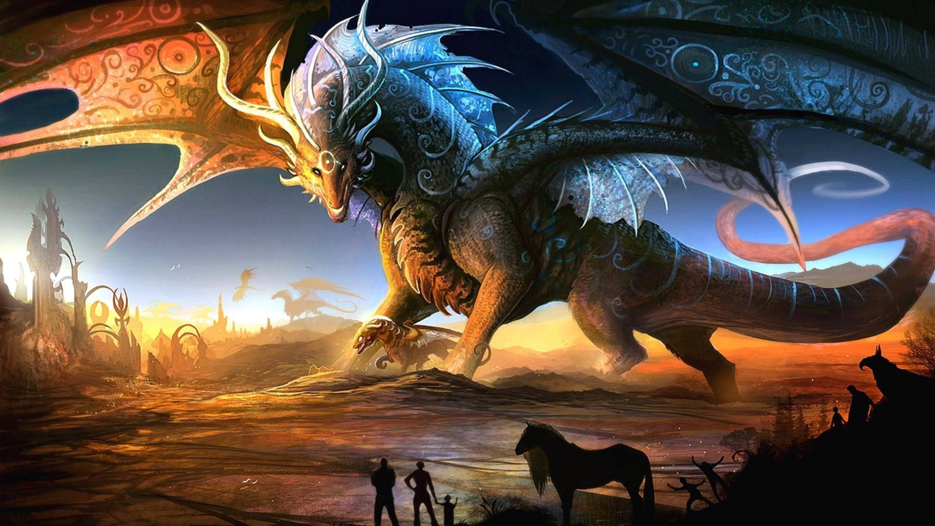 1920x1080 Orange Blue Dragons Mythical Creatures