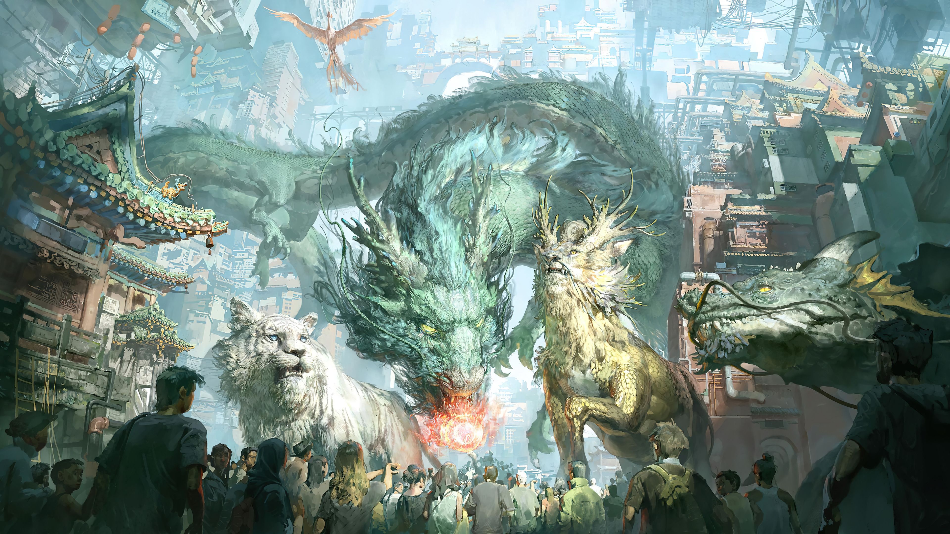 3840x2160 Dragon Mythical Creatures Fantasy City