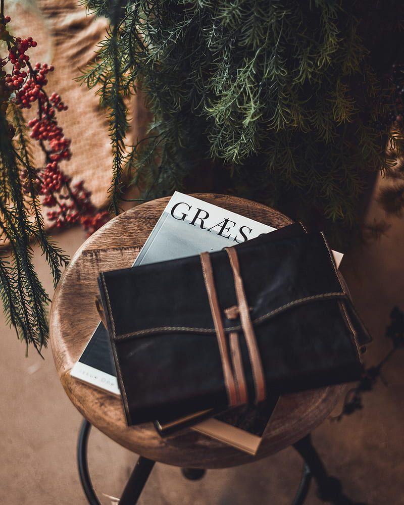 800x1000 Black leather bag on stool, HD phone