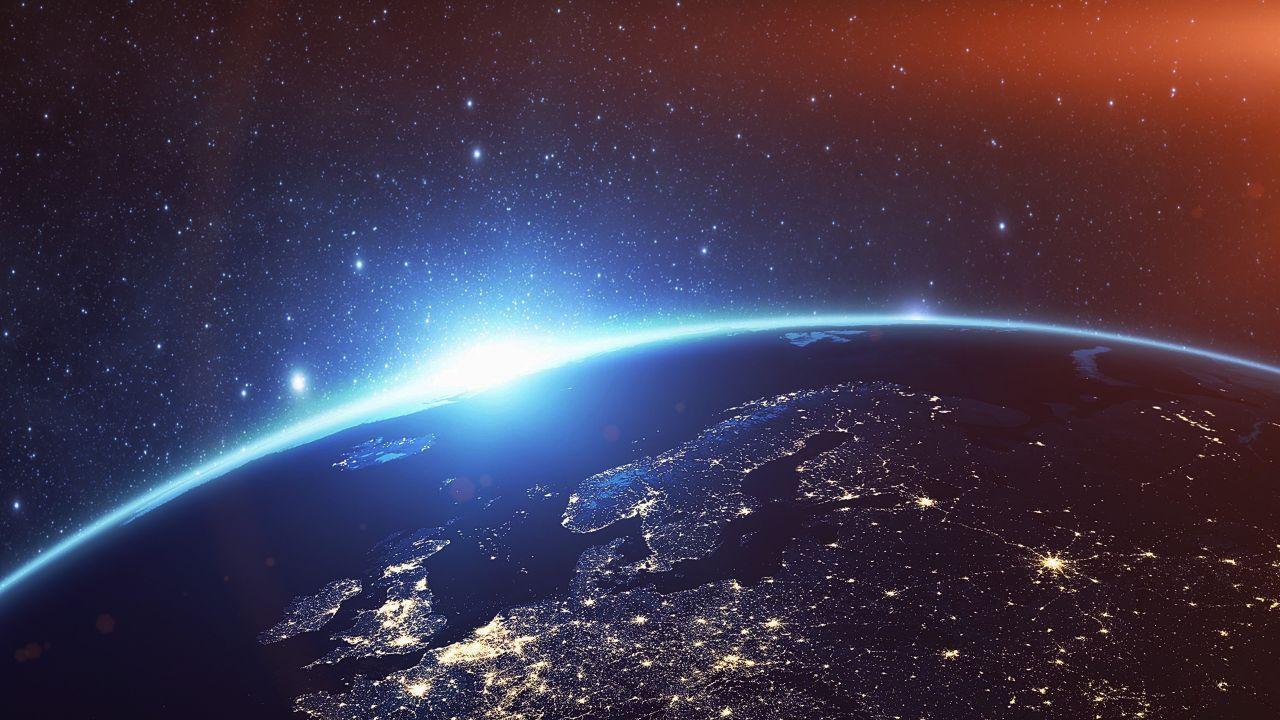 1280x720 Wallpaper Earth, Starry sky, Horizon, Moon, World, Flare