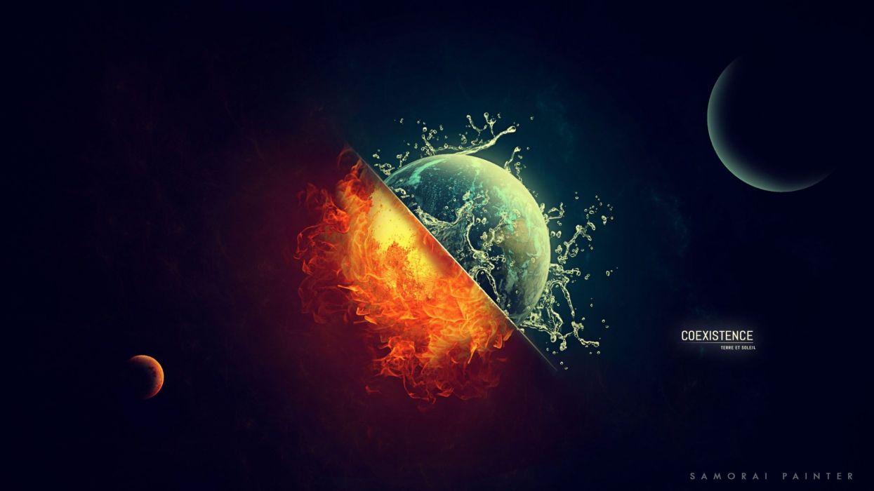1245x700 Fire water digital art space universe planet Sun Moon Earth