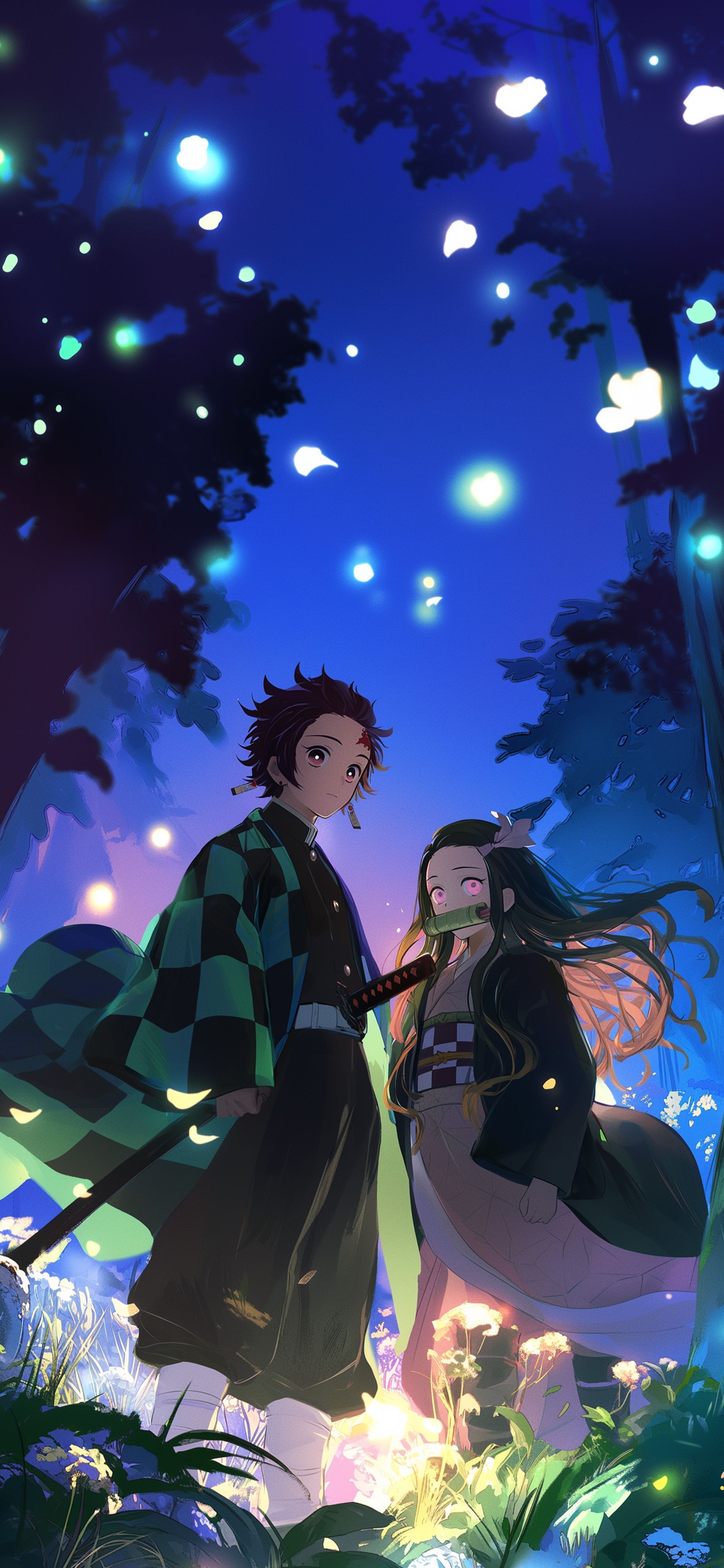 2000x4329 Demon Slayer Tanjiro Nezuko Forest Glow