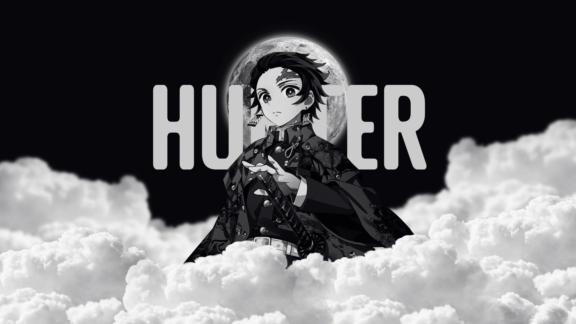 1920x1080 Wallpaper clouds, the moon, guy, Black and white, The Blade Cleaves Demons, Tanjiro, Tanjiro Kamado, Kamado Tanjirō for mobile and desktop, section сёнэн, resolution 1920x1080