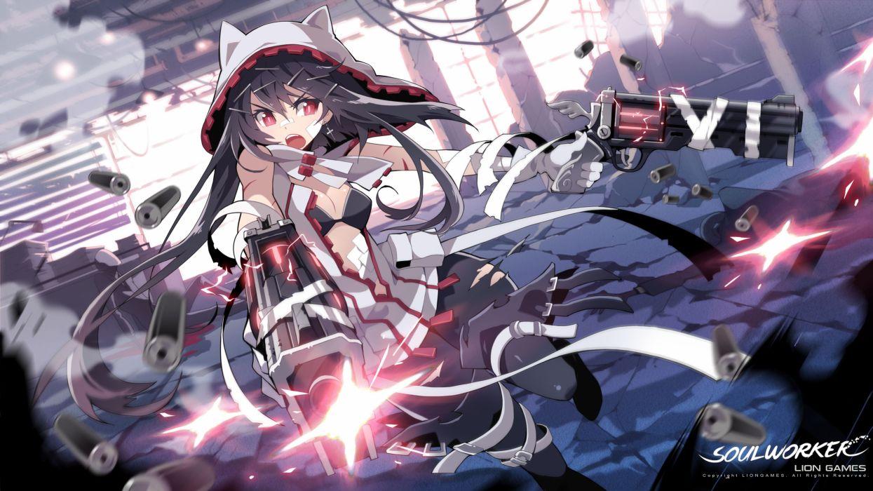 1245x700 Catgirl city gun long hair red eyes ruins soul worker weapon white hair wallpaperx2250