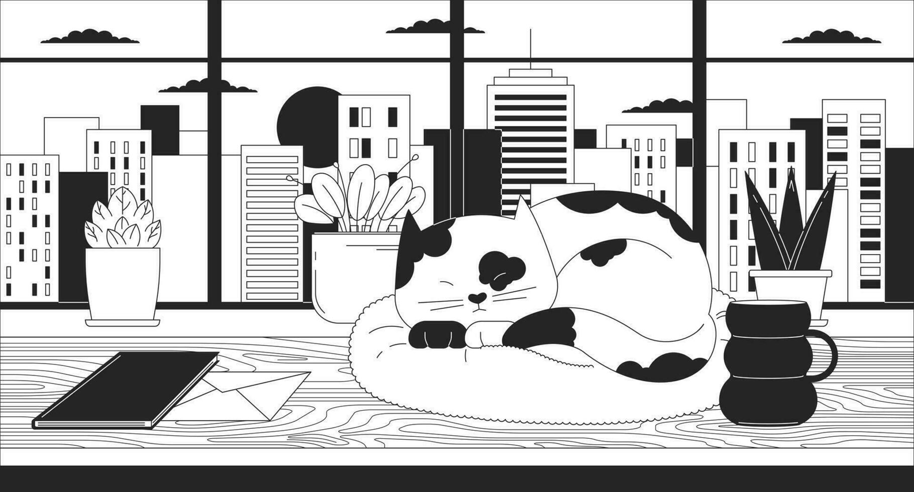 1820x980 Cityscape sunset cozy desk with sleeping cat black and white lofi wallpaper. Table kitten sleepy 2D outline character cartoon flat illustration. Hygge office vector line lo fi aesthetic background 32996567 Vector Art