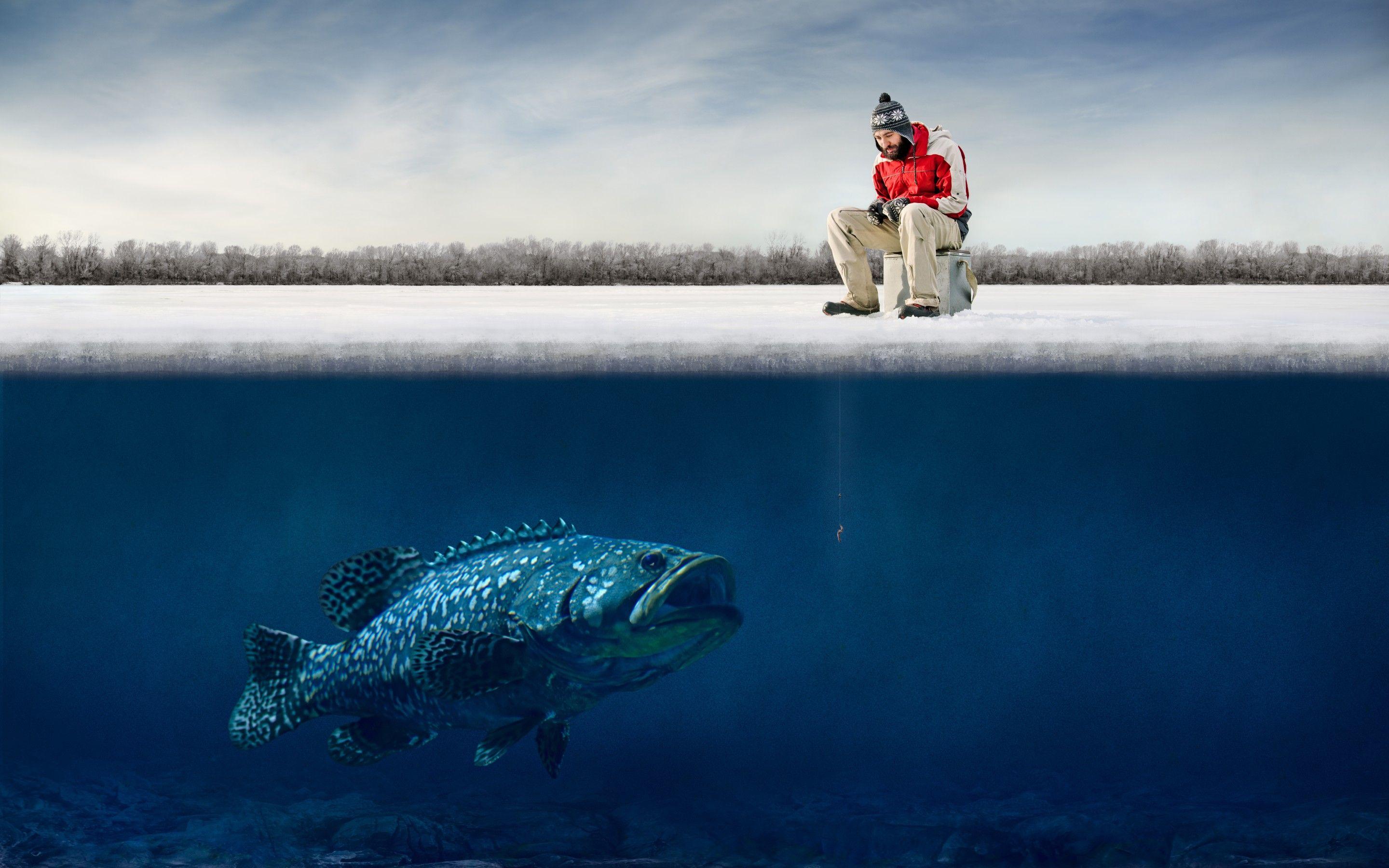 2880x1800 Funny guy ice big fish Hooks humor fisherman winter fishing