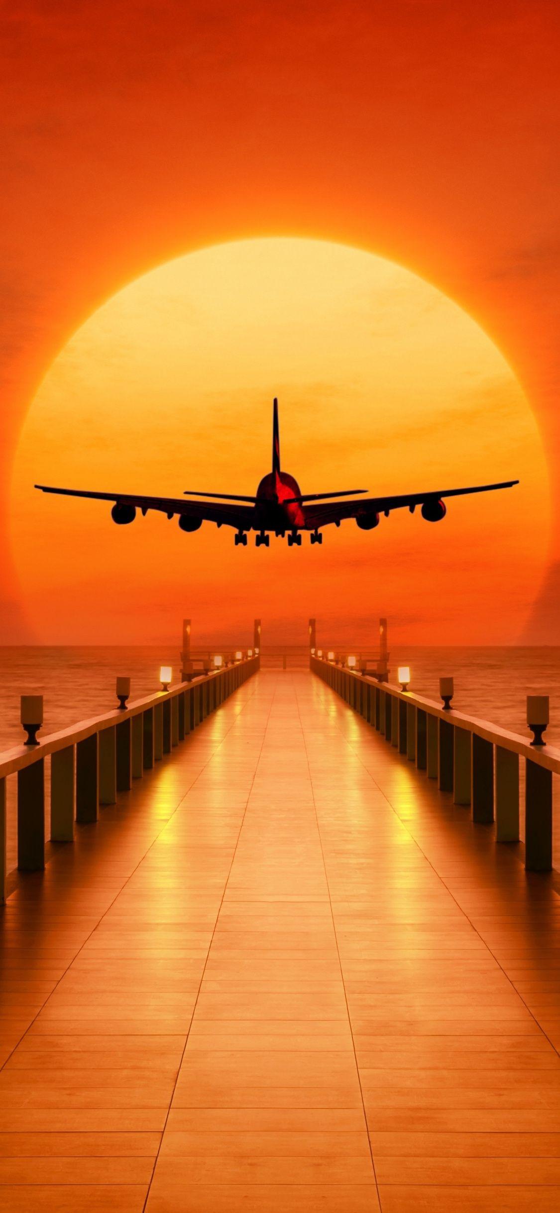 1125x2436 Download 1125x2436 wallpaper airplane, photohop, pier