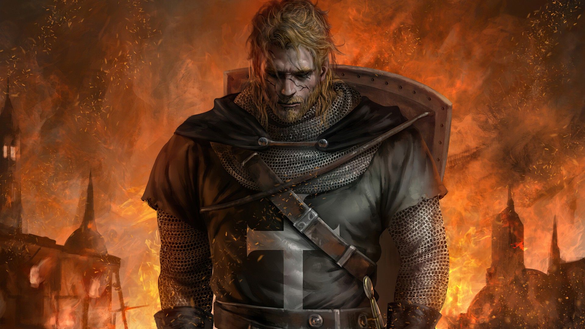 1920x1080 Crusader Knight Warrior Fire City