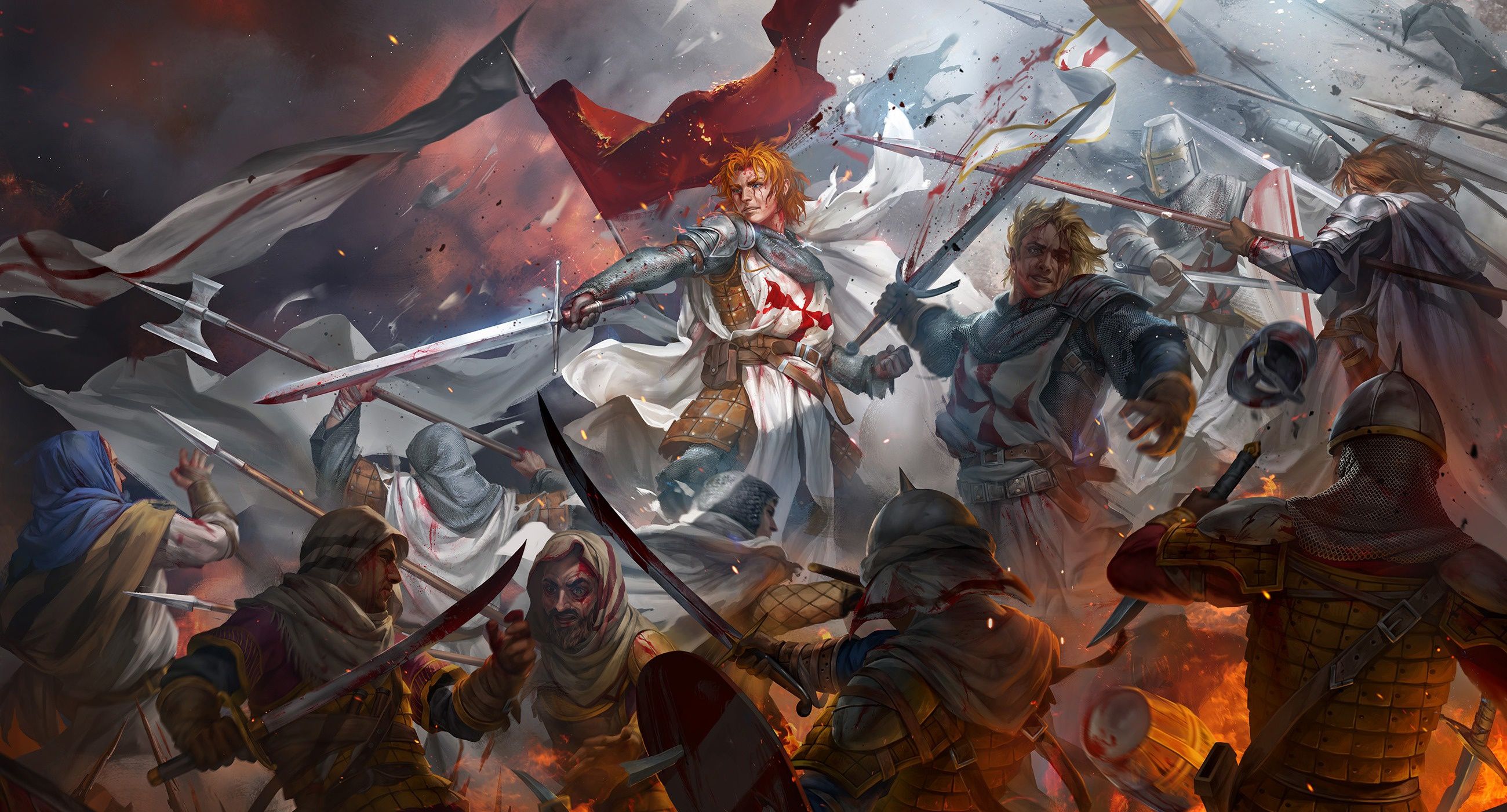 2600x1401 Wallpaper blood, battle, swords