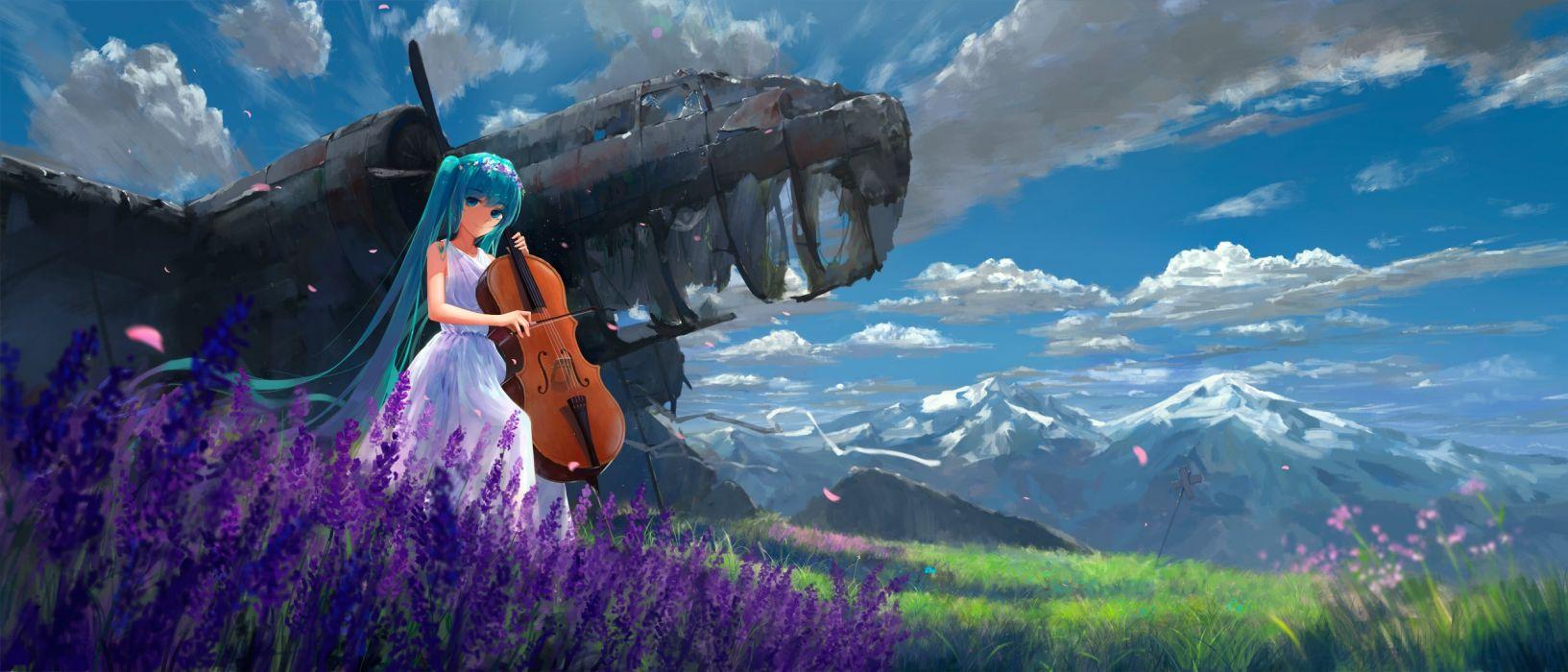 1633x700 Vocaloid Hatsune Miku Grass Purple Flower Scenery wallpaper