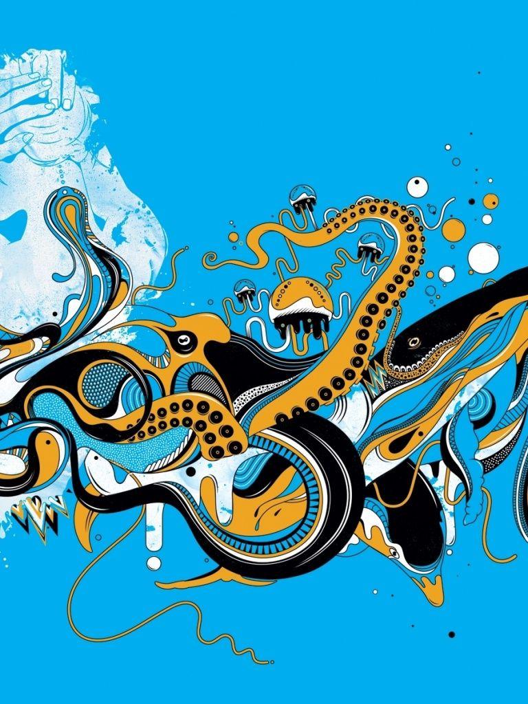 768x1024 Woman Octopus Fish Dolphins iPad mini wallpaper