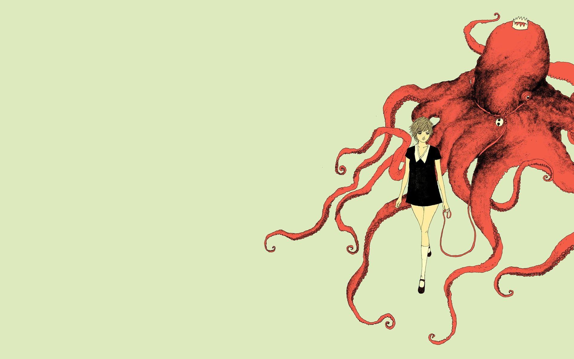 1920x1200 Woman anime character standing near red octopus HD wallpaper