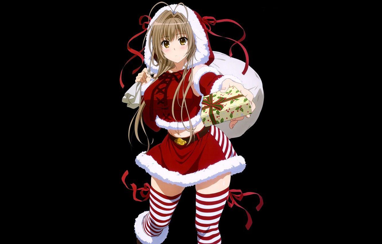 1332x850 Wallpaper girl, christmas, anime, present, merry christmas, holiday, blonde, asian, happy holidays, manga, santa claus, japanese, pantyhose, oriental, asiatic, tights image for desktop, section сёдзё