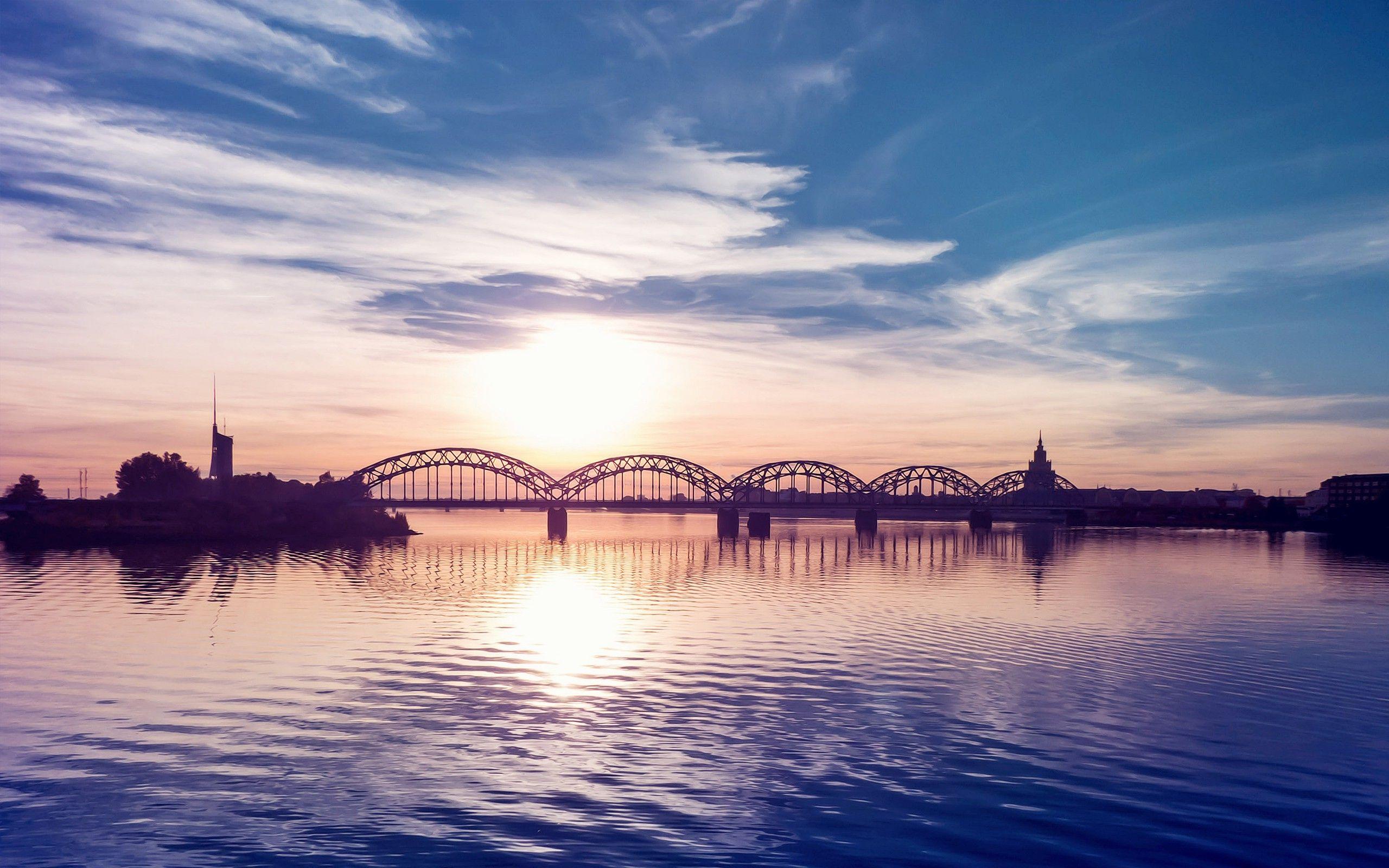 2560x1600 nature, Water, Bridge, Architecture, Sunset, Clouds, Sky