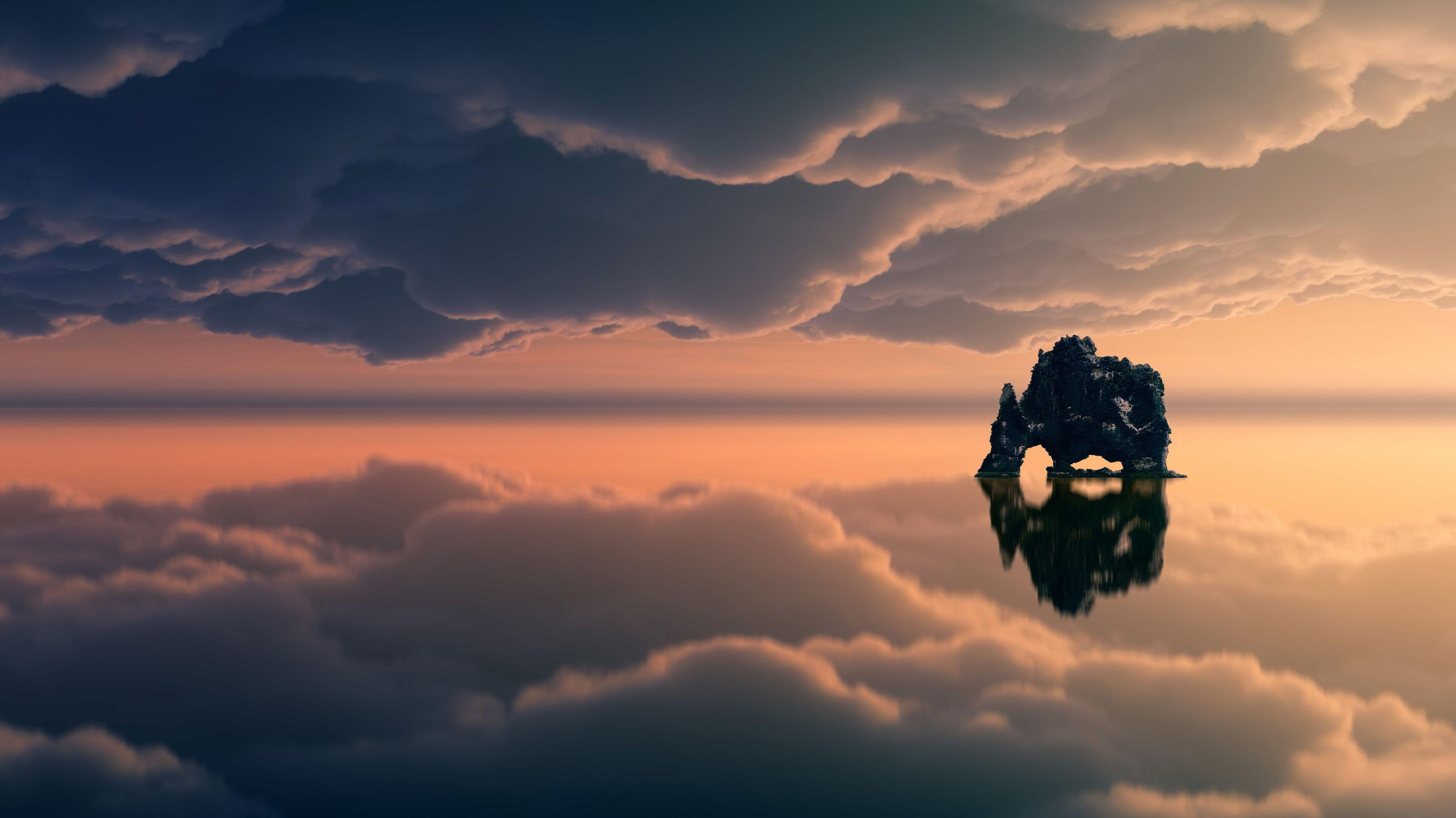 3840x2160 Hoàng hôn, Mây, Phản chiếu, Im lặng, Ảo ảnh màn ảnh rộng