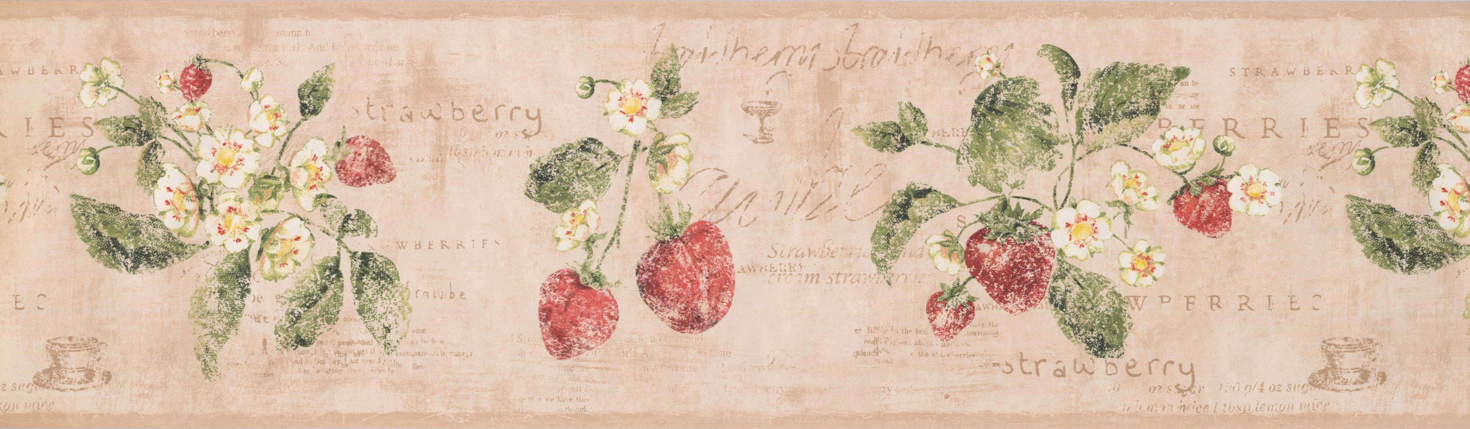4945x1444 Vintage White Flowers Strawberry Salmon Pink Wallpaper Border Retro Design, Roll 15' x 7