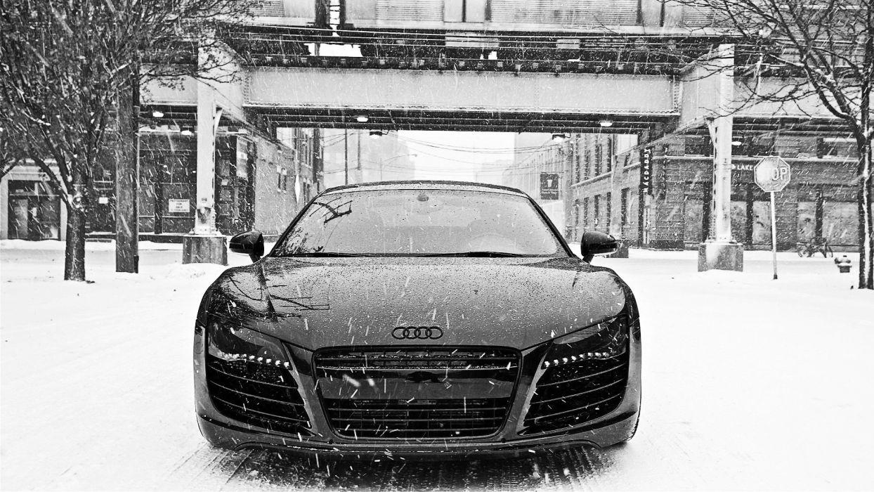 1244x700 Black and white winter snow cars Audi Audi R8 front view wallpaperx1080