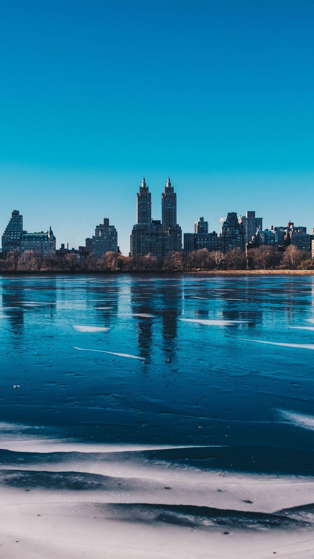 1080x1920 New York, Central Park, lake, buildings, city, USA 1242x2688