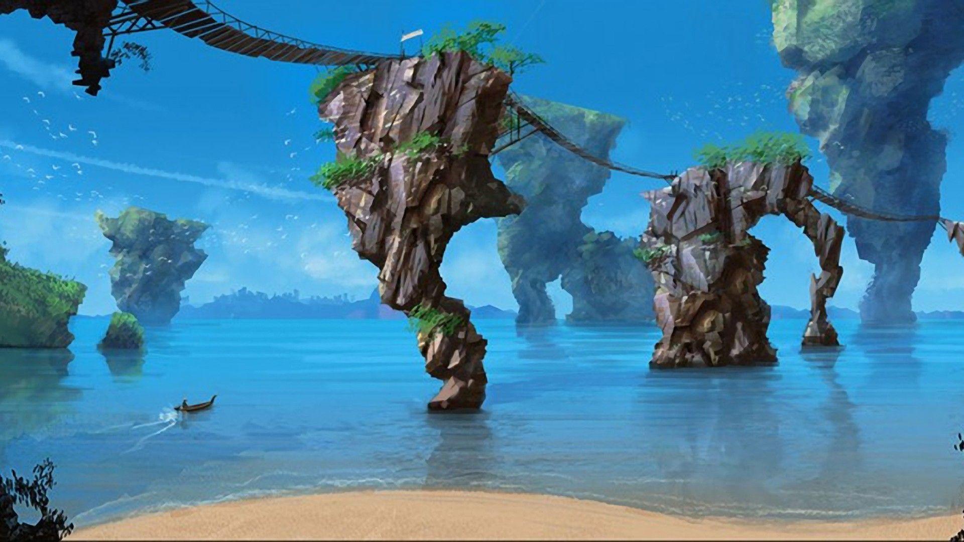 1920x1080 water, fantasy, mountains, ocean, beach, sand, birds, ships, rocks