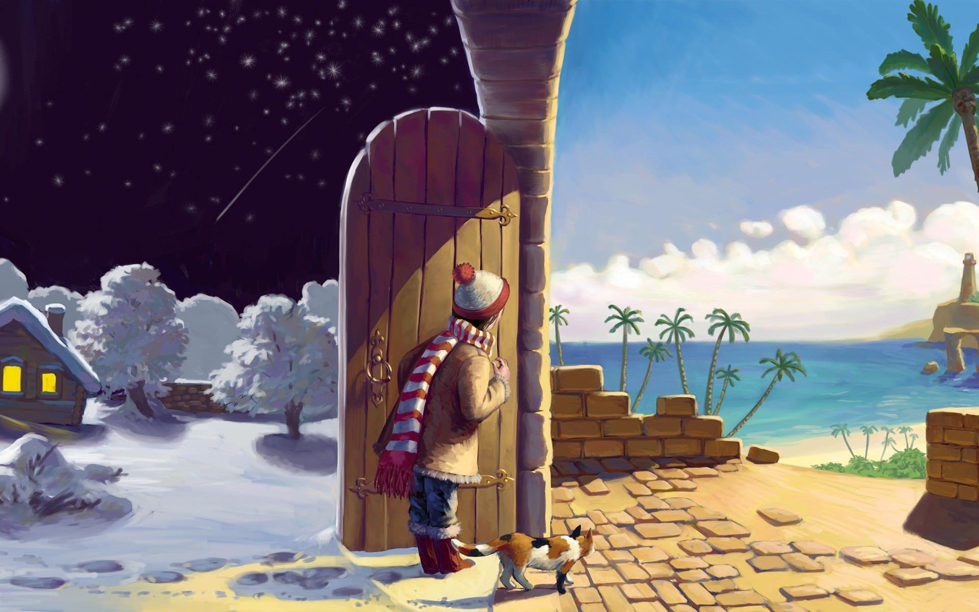 1920x1200 Fantasy Door Snow to Beach Wallpaper