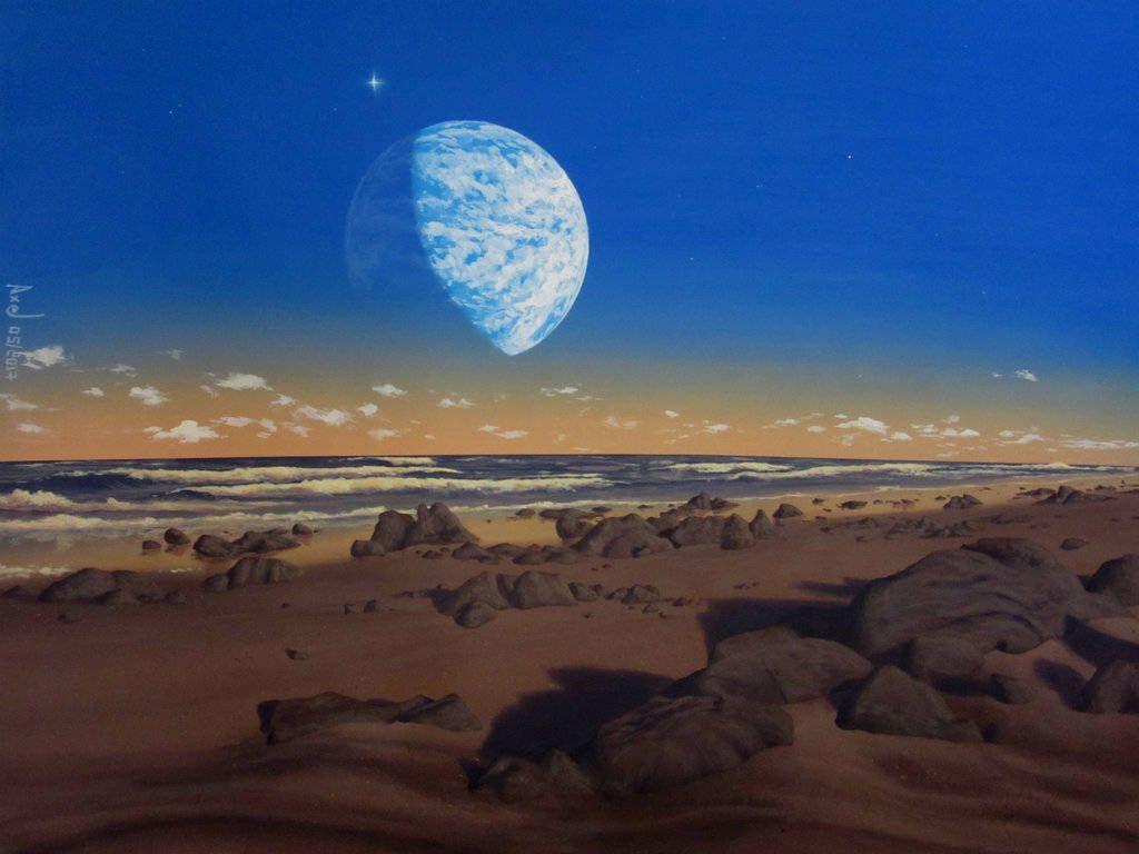 1024x768 Sci Fi Terraformed Moon: Sunset At Tranquility Beach