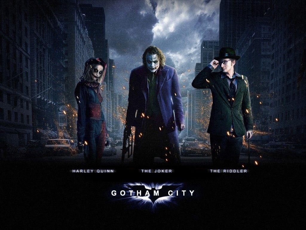 1024x768 Batman Gotham City advertisement, Batman, Gotham City, Joker, city HD wallpaper