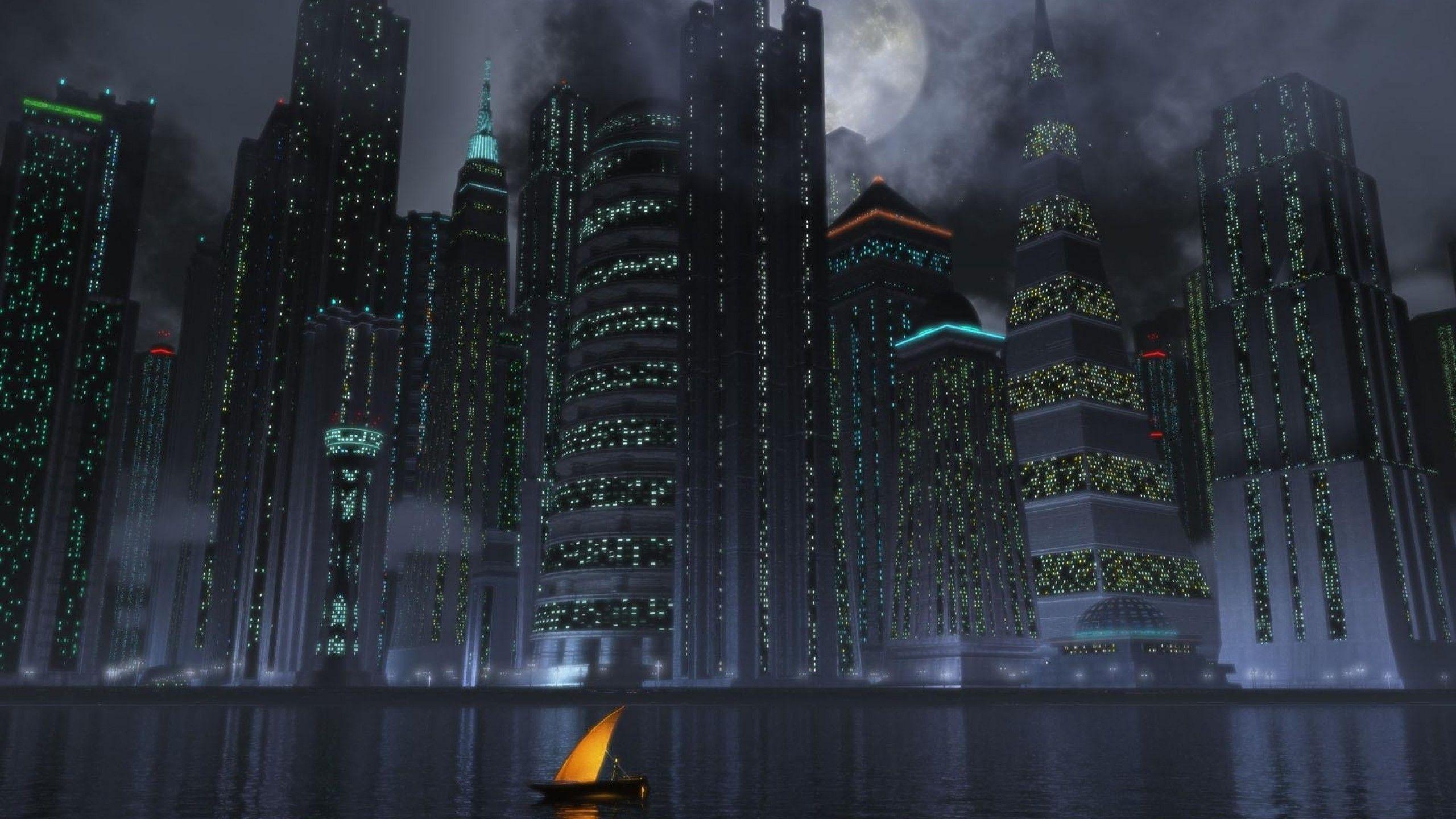 2560x1440 Download 2560x1440 Gotham City, Boat, Cityscape, Skyline