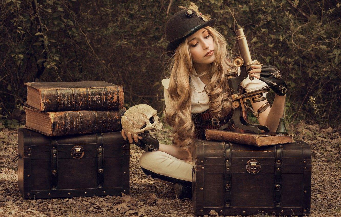 1332x850 Wallpaper girl, books, skull, hat, curls, chests, microscope