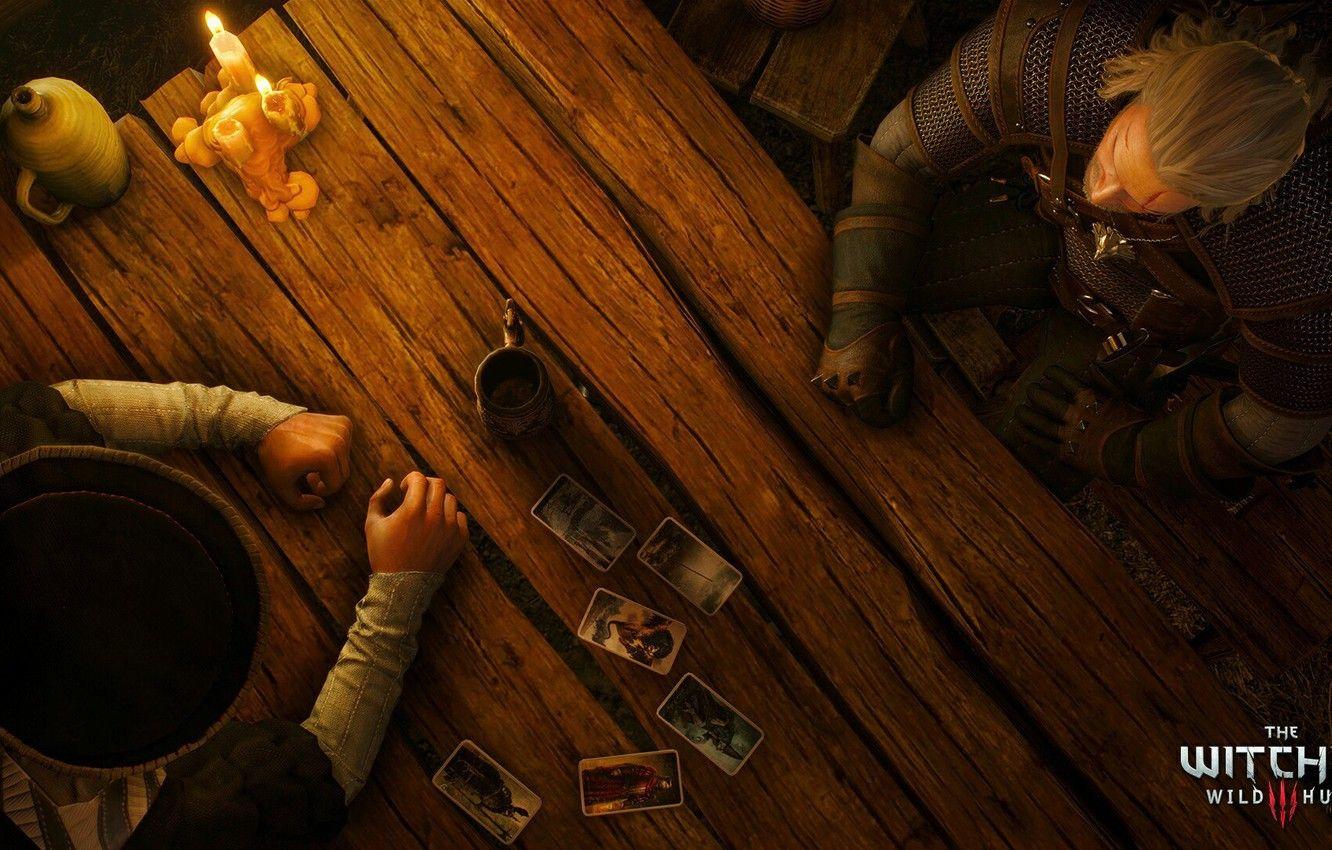 1332x850 Wallpaper card, the Witcher, rpg, Geralt, tavern, the wild