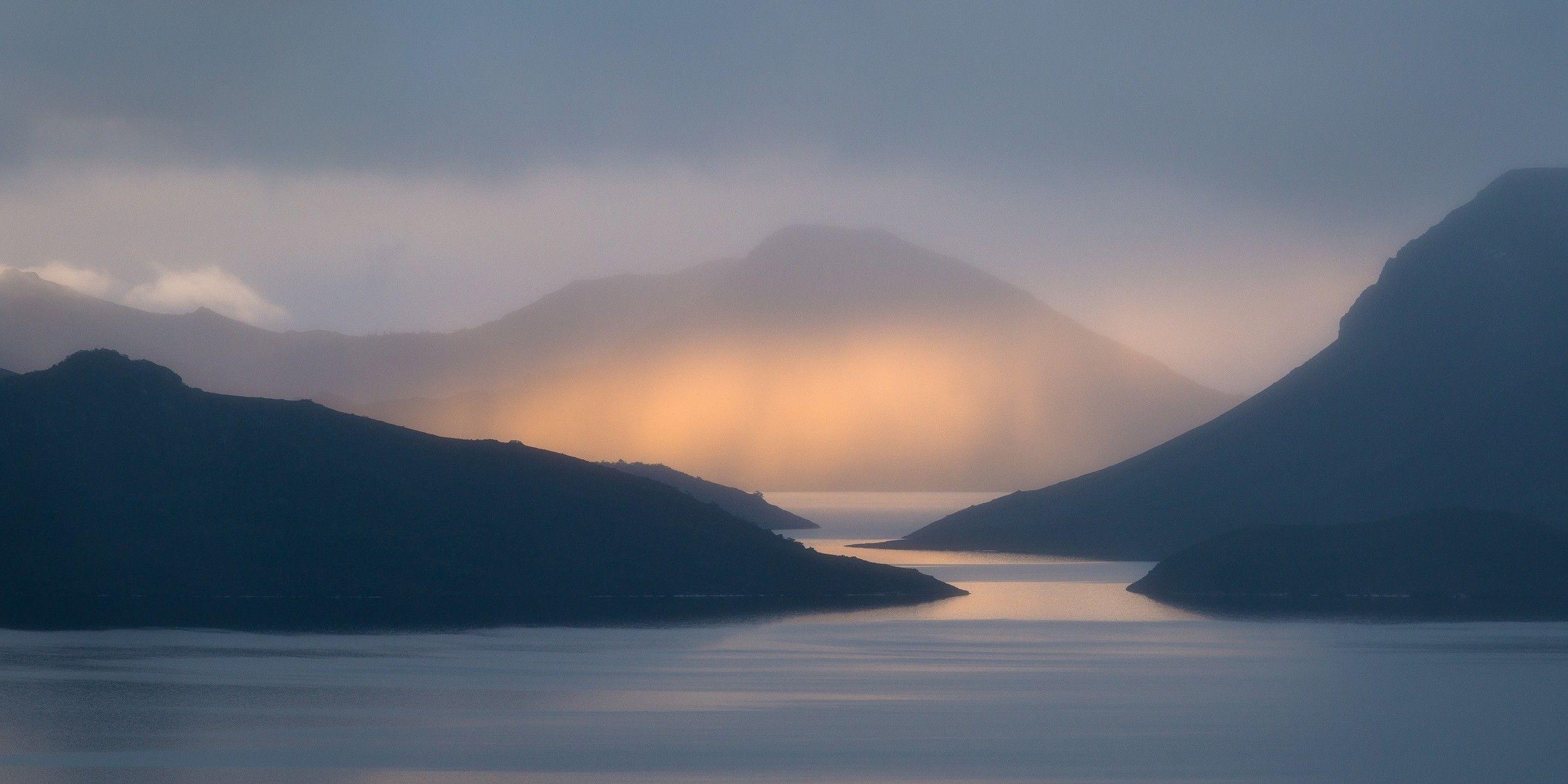 2500x1250 nature, Landscape, Sunset, Sun Rays, Mountain, Mist, Lake
