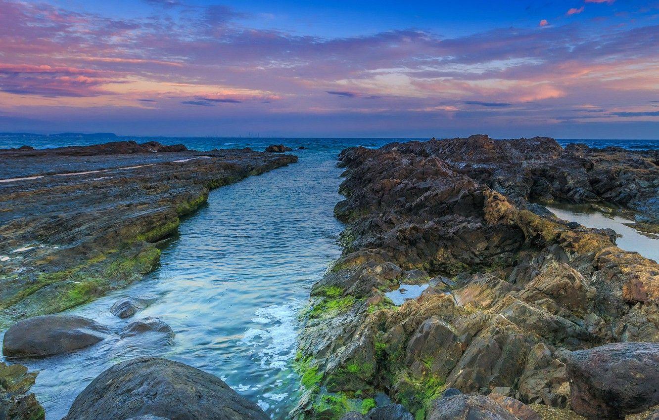 1332x850 Wallpaper sea, the sky, sunset, stones, coast, horizon