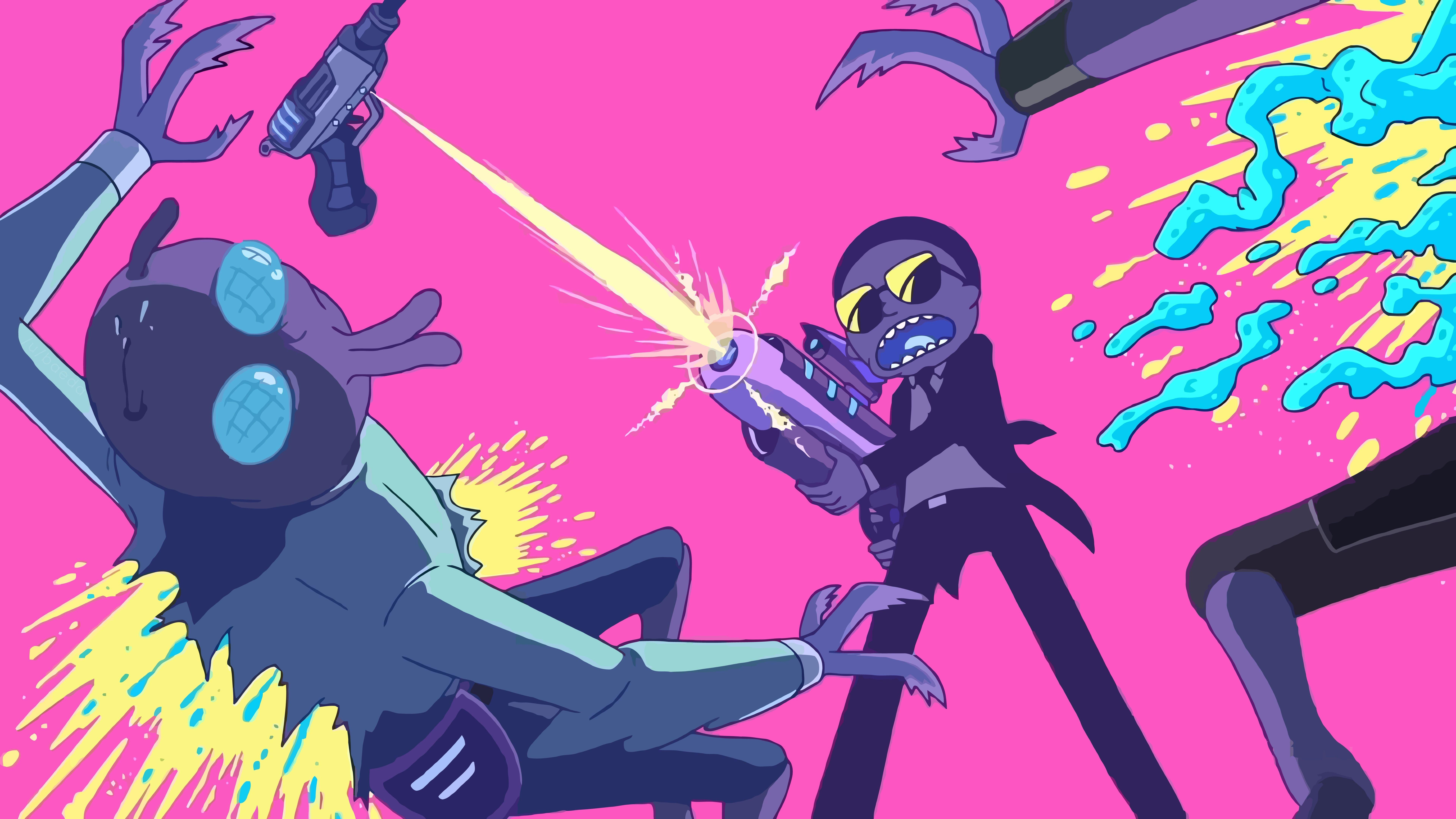 7679x4320 Rick and Morty Fighting WIth Aliens 8K hình nền