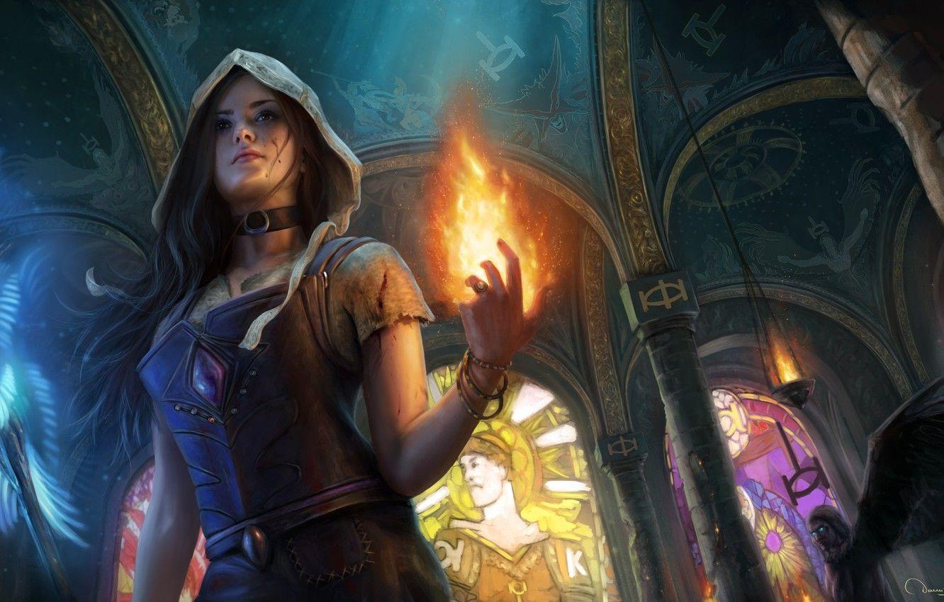 1332x850 Wallpaper fire, temple, art, path of exile, the girl MAG