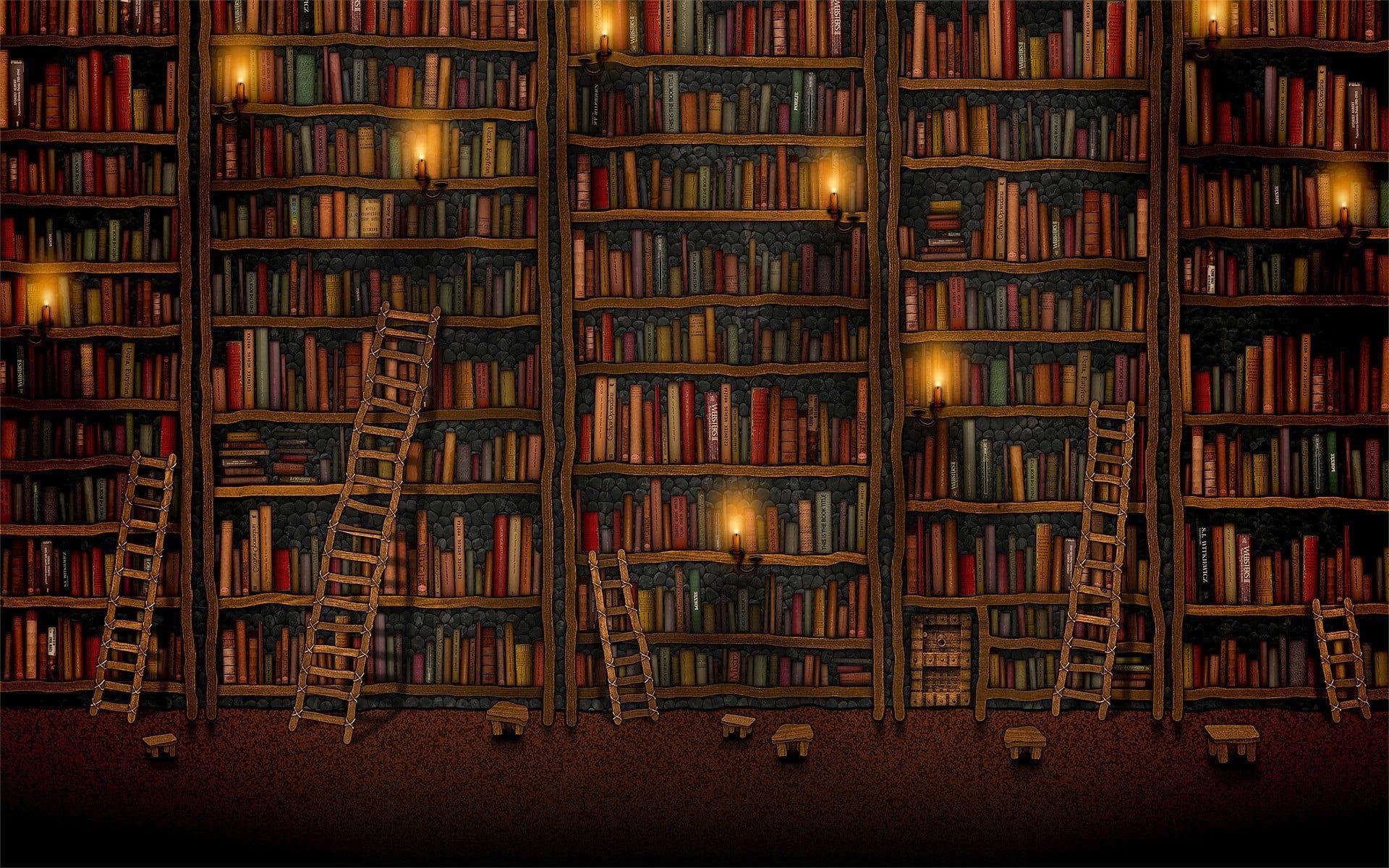 1920x1200 Bookshelf painting, library, ladders, candles, shelves HD