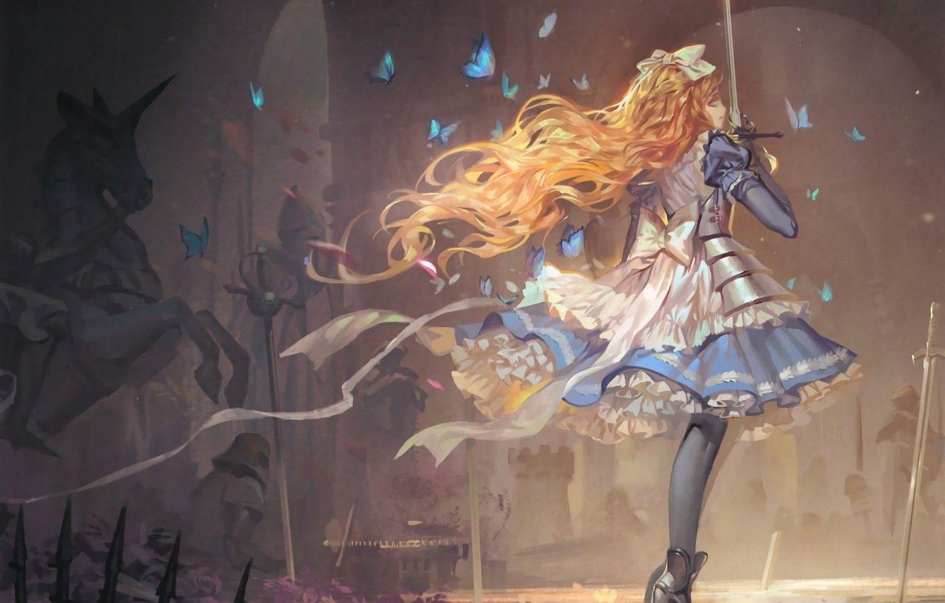 1332x850 Wallpaper butterfly, armor, redhead, long hair, battlefield